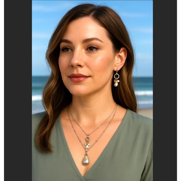 J. Jill Metal Layered Pear Charm Rhinestone Beaded Necklace Dangle Earrings Set - Picture 1 of 11